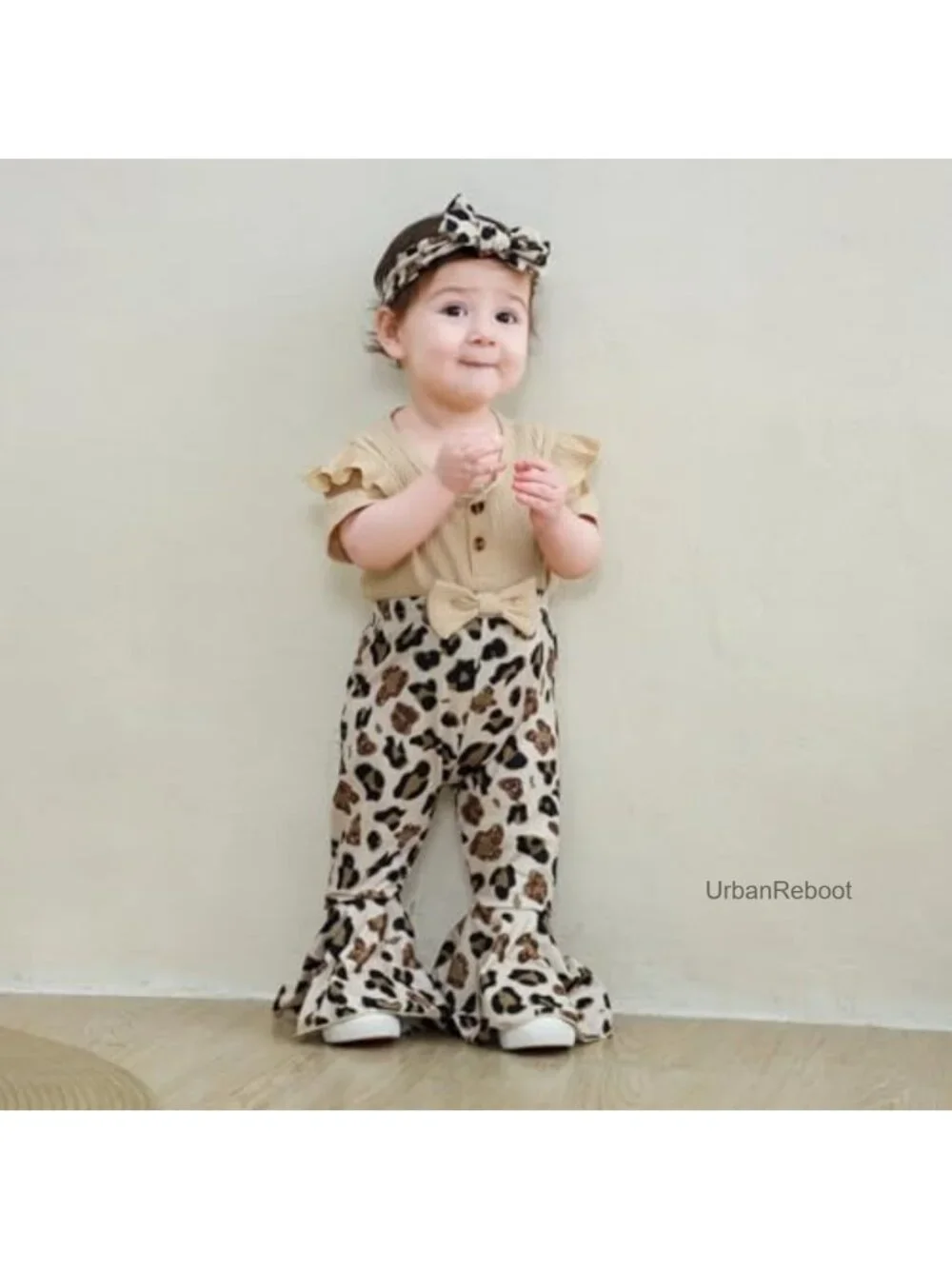 Baby Girl Cotton Romper Set with Leopard Flared Pants and Headband